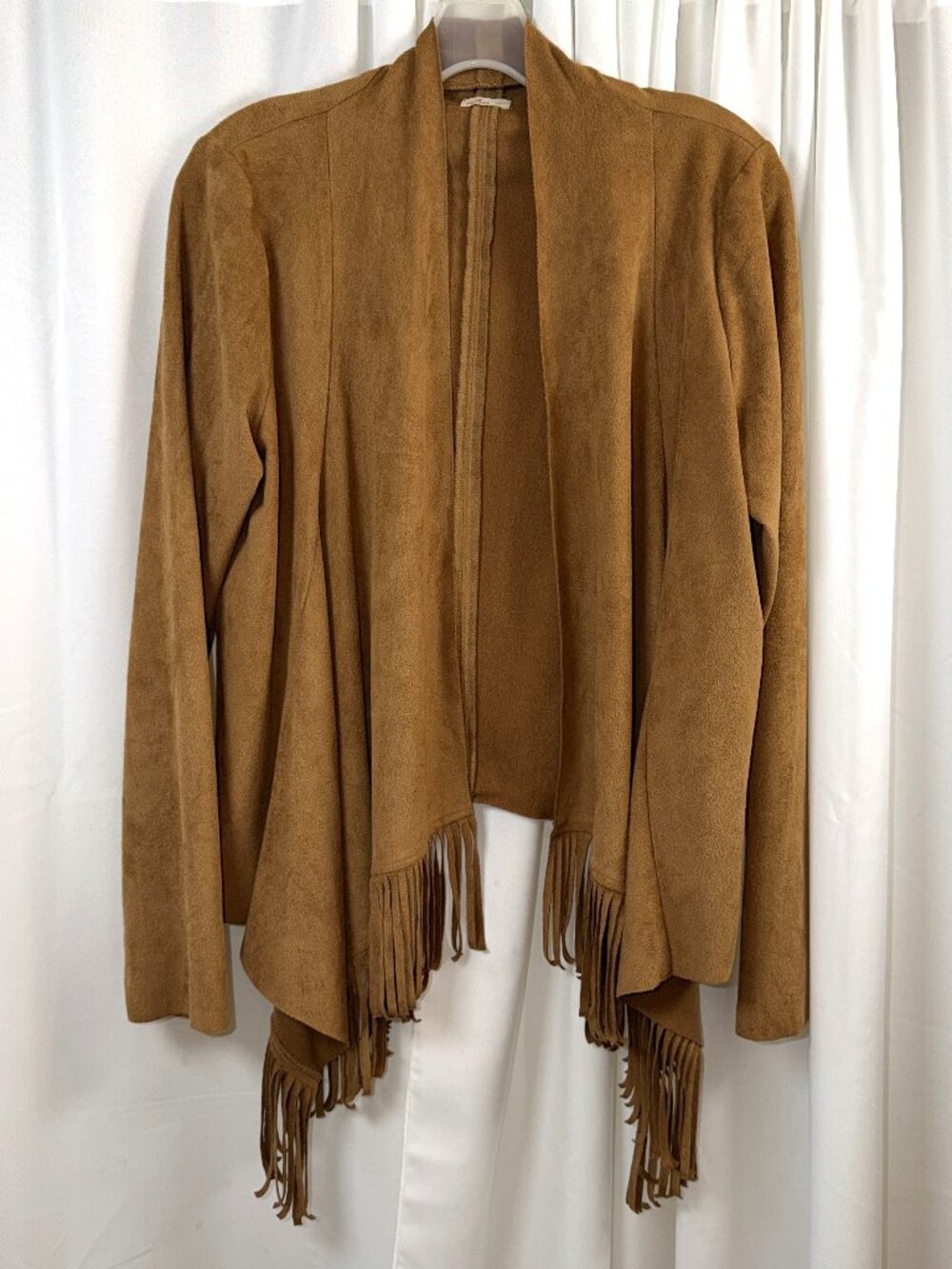 Women's Hollister Faux Suede Open Front Long Sleeve Fringe Cardigan Jacket,Large